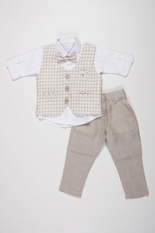 Boys Formal Checkered Jacket Set | Elegant Shirt, Grey Pants, and Bow Tie Combo for Boys