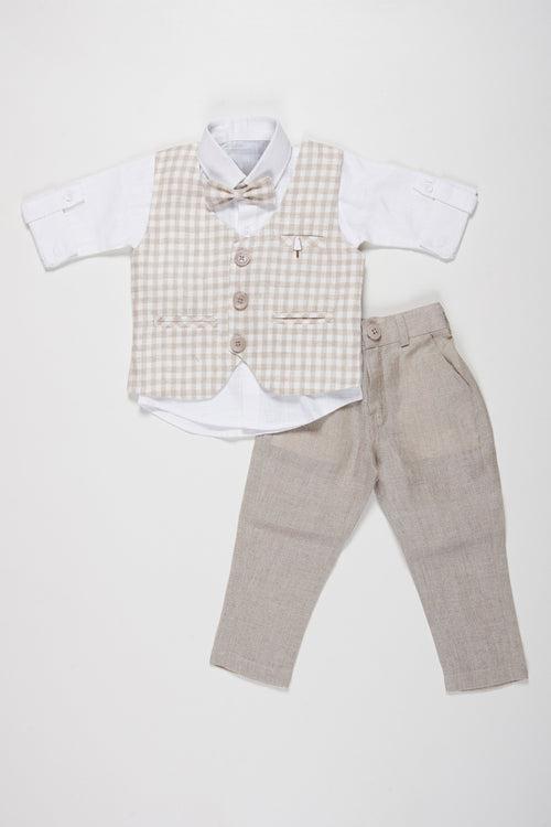 Boys Formal Checkered Jacket Set | Elegant Shirt, Grey Pants, and Bow Tie Combo for Boys