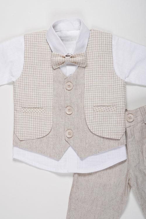 Boys Modern Linen Vest Suit Set with Matching Trousers and Bow Tie