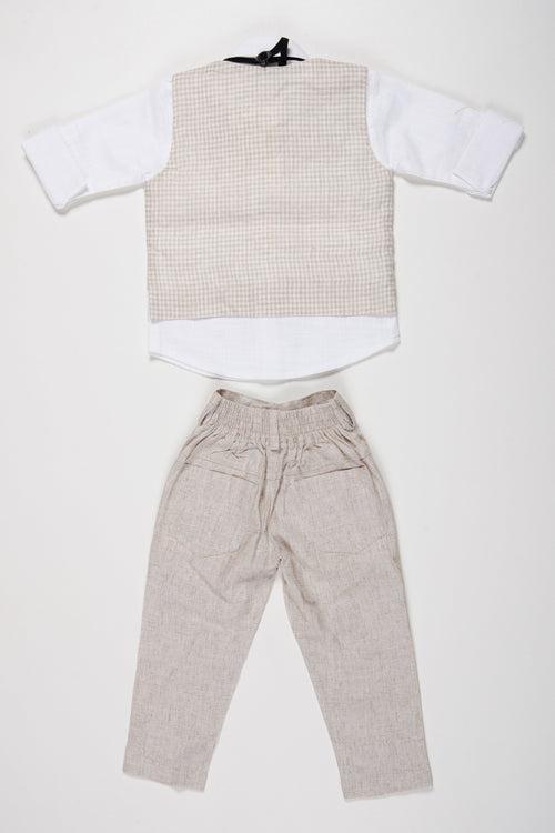 Boys Modern Linen Vest Suit Set with Matching Trousers and Bow Tie