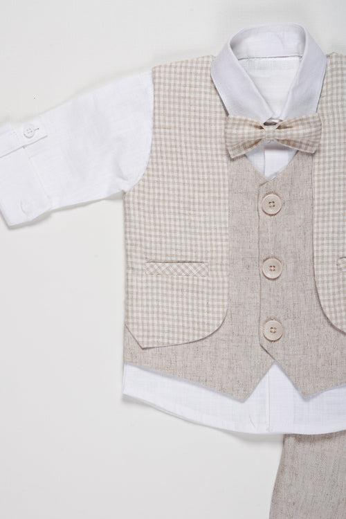 Boys Modern Linen Vest Suit Set with Matching Trousers and Bow Tie