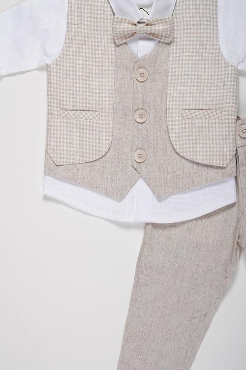 Boys Modern Linen Vest Suit Set with Matching Trousers and Bow Tie