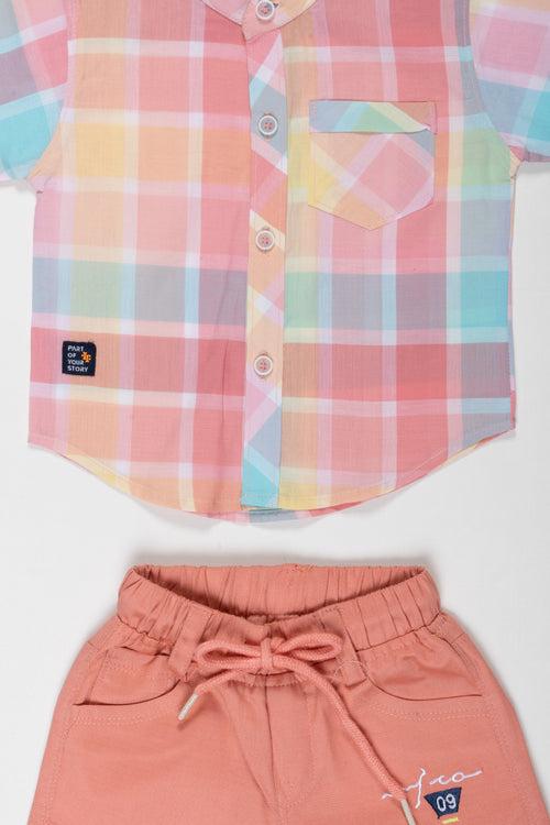 Boys Pastel Plaid Shirt and Coral Shorts Set