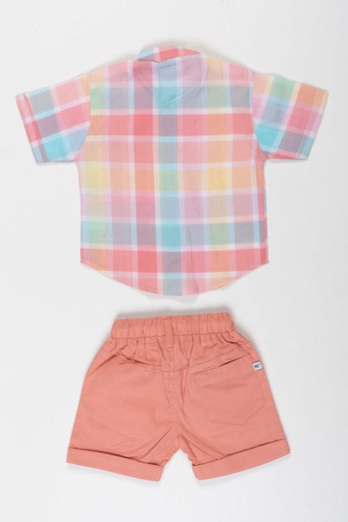 Boys Pastel Plaid Shirt and Coral Shorts Set