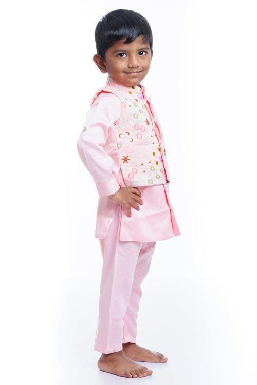 Boys Pink Embroidered Jacket with Kurta and Dhoti Pant Set