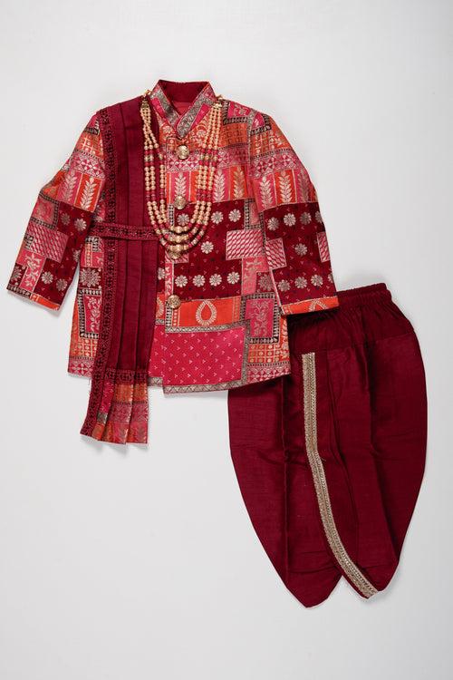 Boys Royal Maroon Sherwani Set with Kurta and Churidar