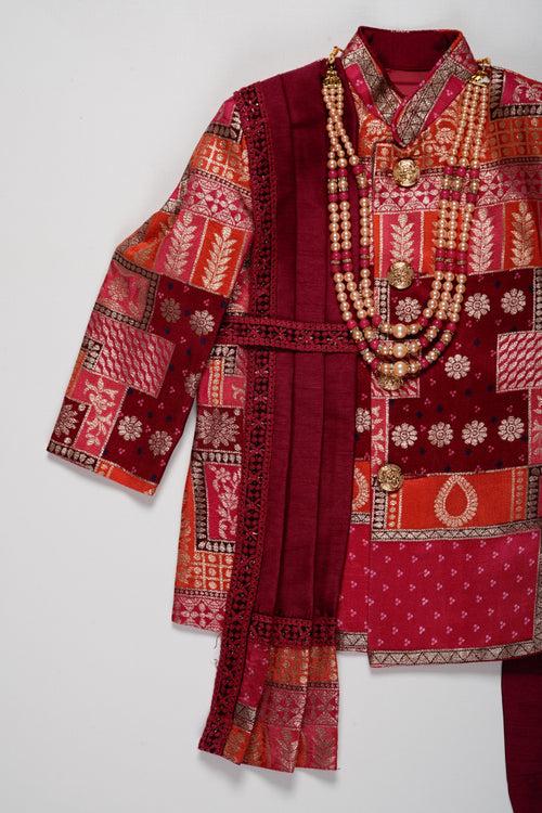 Boys Royal Maroon Sherwani Set with Kurta and Churidar