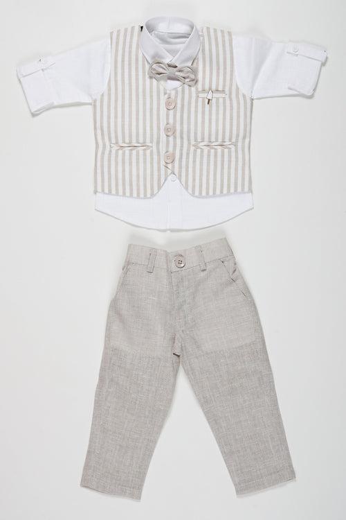 Boys Sophisticated Linen Blend Suit Set with Striped Vest and Bow Tie