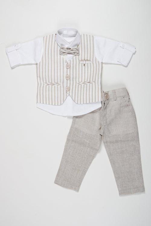 Boys Sophisticated Linen Blend Suit Set with Striped Vest and Bow Tie