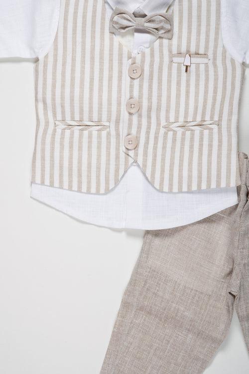 Boys Sophisticated Linen Blend Suit Set with Striped Vest and Bow Tie