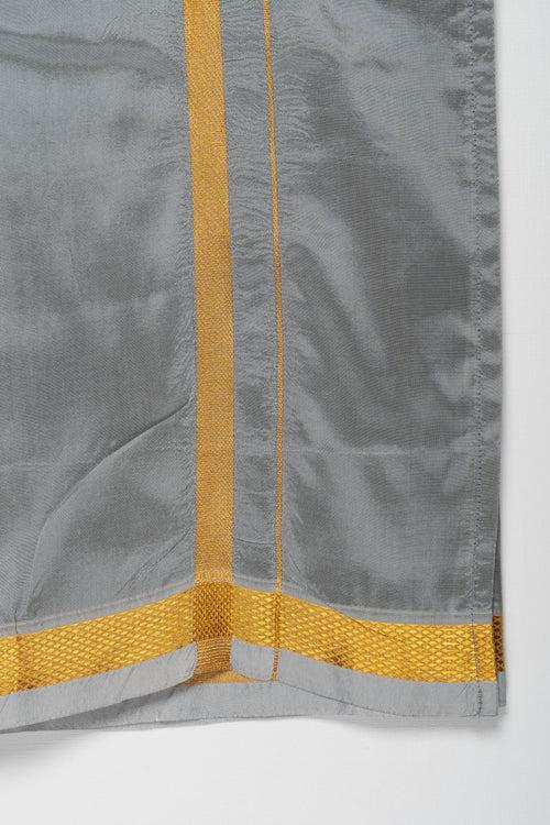 Boys Traditional Grey Silk Dhoti with Golden Accents