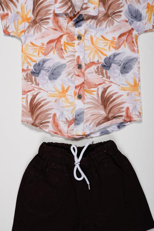 Boys Tropical Floral Shirt and Dark Brown Shorts Set | Summer Casual Wear
