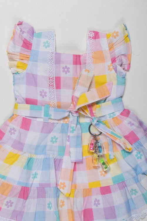 Charming Pastel Check & Floral Cotton Frock for Girls - Perfect for Every Day