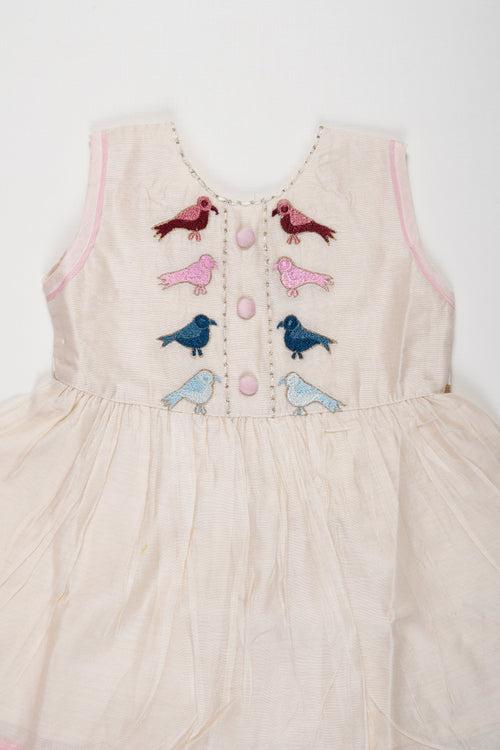 Charming White Chanderi Cotton Frock with Bird Embroidery for Girls