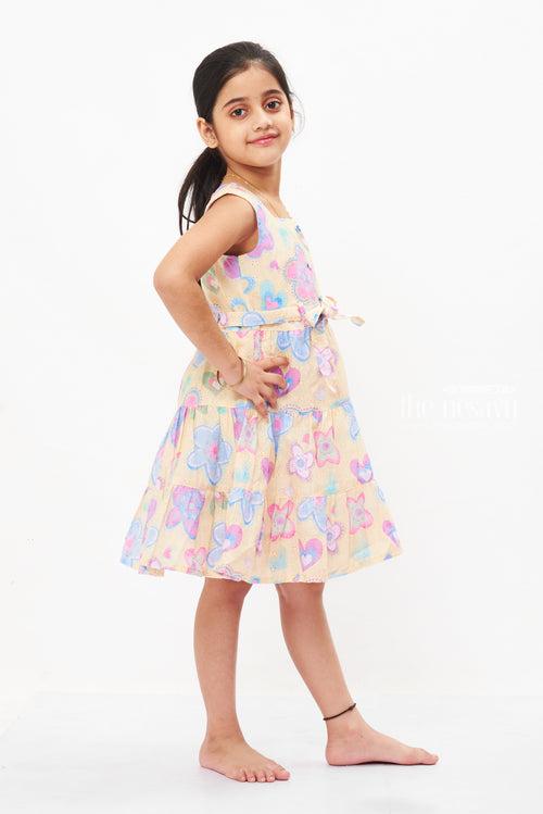 Cheerful Yellow Cotton Frock with Butterfly Patterns for Girls - Perfect for Daily Wear