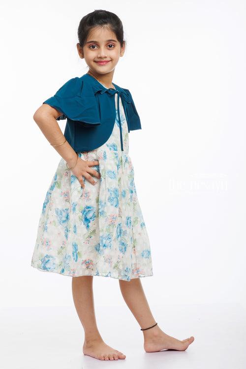 Chic Blue Floral Cotton Dress with Stylish Jacket for Girls