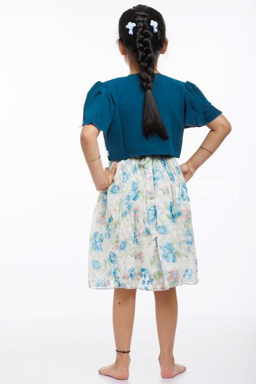 Chic Blue Floral Cotton Dress with Stylish Jacket for Girls