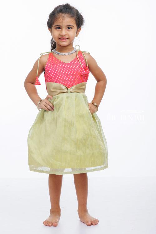 Elegant Pink Polka-Dot Silk Tie-Up Frock for Girls