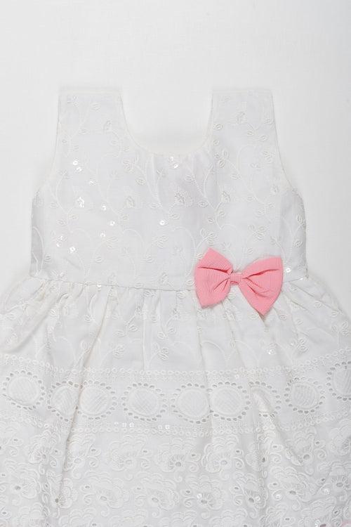Elegant Pink-Trimmed White Cotton Chikan Embroidered Frock for Girls
