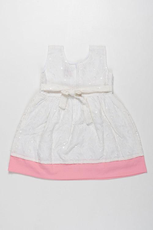 Elegant Pink-Trimmed White Cotton Chikan Embroidered Frock for Girls