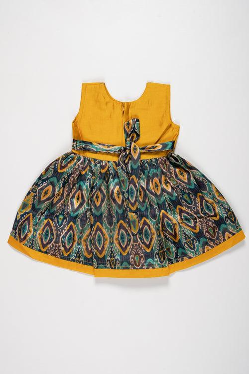 Elegant Yellow and Teal Chanderi Cotton Frock for Girls