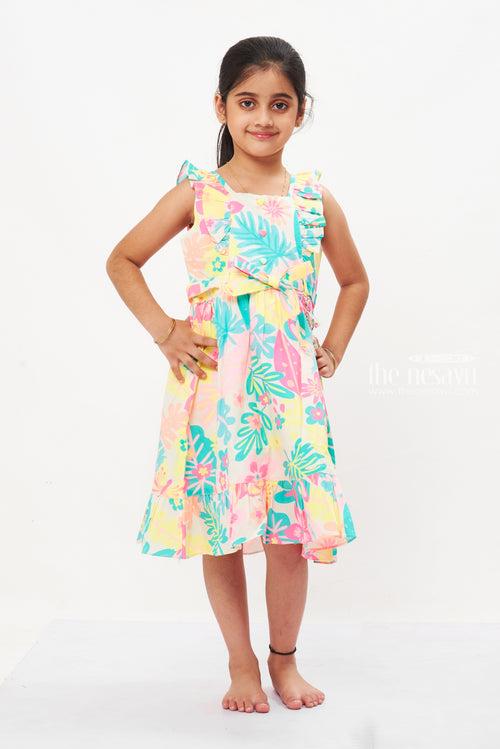 Exotic Garden Sleeveless Cotton Frock for Girls - Frilled Hem and Vibrant Print