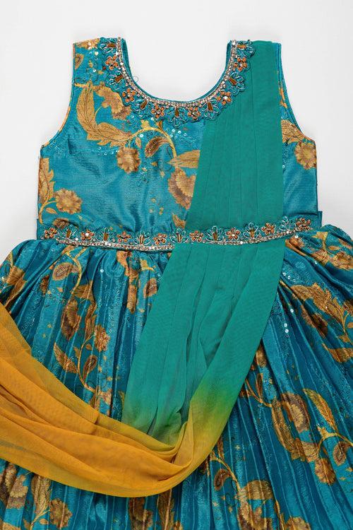 Girls Aqua Blue Silk Frock with Golden Floral Embellishments