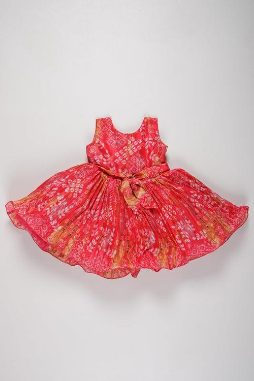 Girls Designer Silk Frock in Festive Red with Traditional Prints