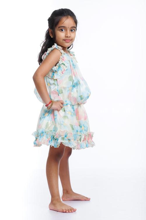 Girls Floral Ruffle Top and Skirt Set in Pastel Tones