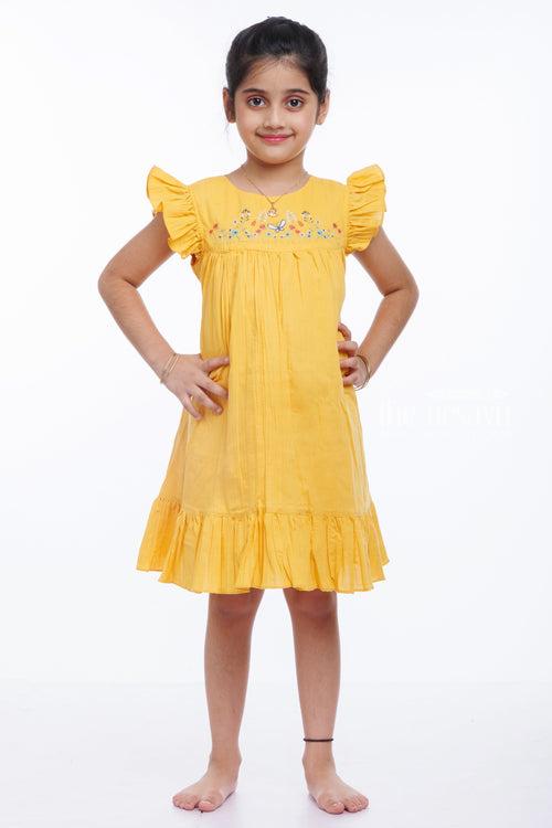 Girls Mustard Yellow Cotton Dress with Embroidery - A Summer Delight