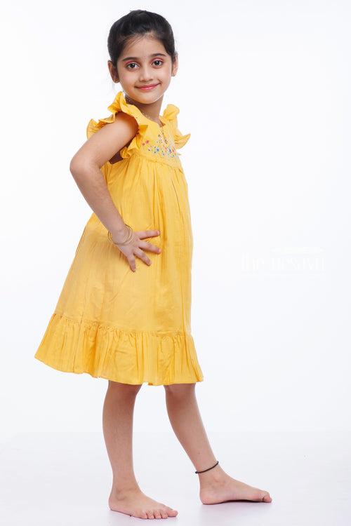 Girls Mustard Yellow Cotton Dress with Embroidery - A Summer Delight