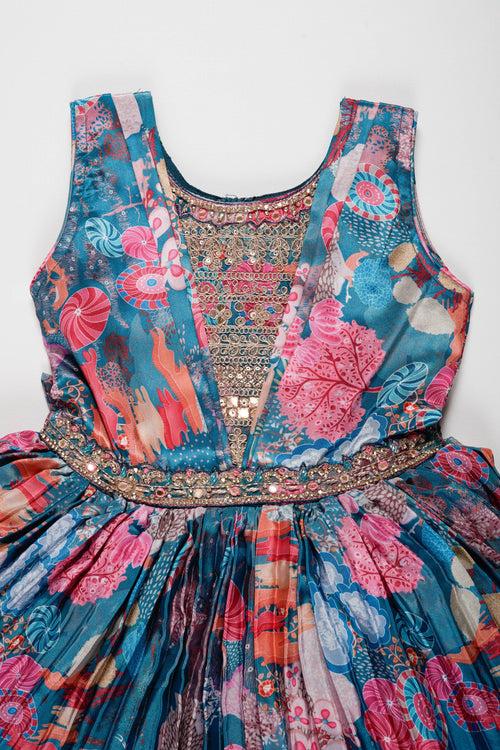 Girls Silk Blend Frock with Exquisite Embroidery and Vibrant Prints