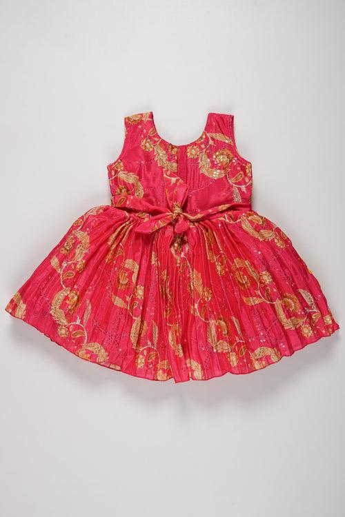 Girls Vibrant Pink and Yellow Silk Frock with Floral Embroidery