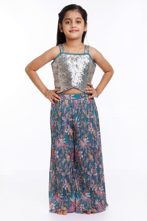 Glittering Soiree: Sequin Embroidered Crop Top with Jacket and Palazzo Ensemble