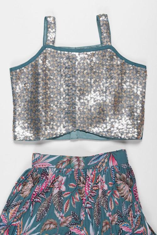 Glittering Soiree: Sequin Embroidered Crop Top with Jacket and Palazzo Ensemble