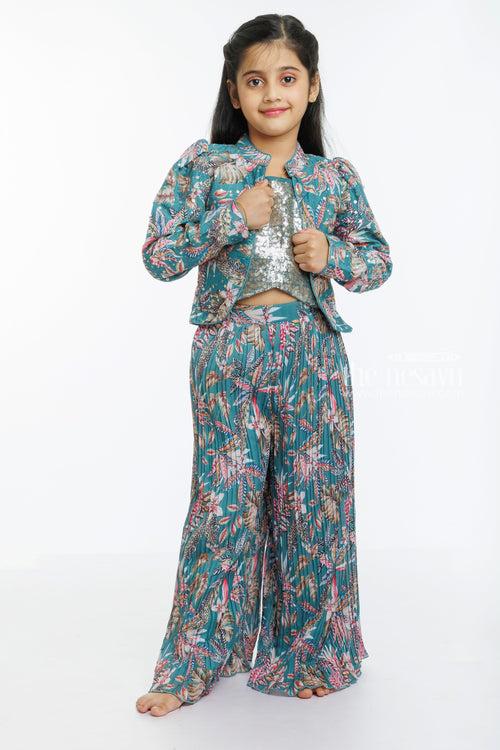 Glittering Soiree: Sequin Embroidered Crop Top with Jacket and Palazzo Ensemble