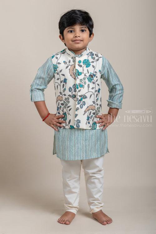 Green All Over Stripes Printed Boys Kurta with Floral Printed Overcoat and White Pant