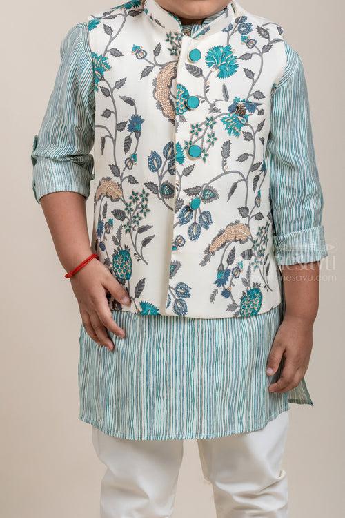 Green All Over Stripes Printed Boys Kurta with Floral Printed Overcoat and White Pant