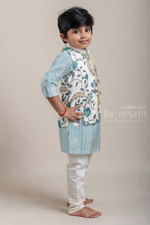 Green All Over Stripes Printed Boys Kurta with Floral Printed Overcoat and White Pant