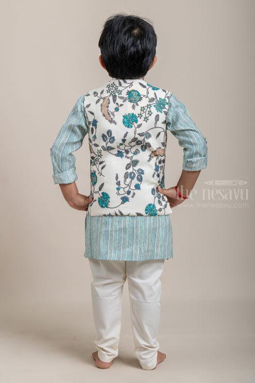 Green All Over Stripes Printed Boys Kurta with Floral Printed Overcoat and White Pant