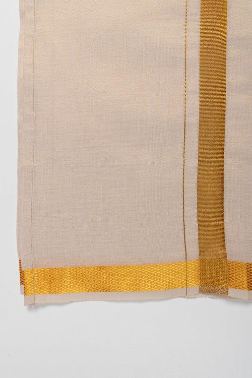 Natural Beige Handwoven Silk Boys Dhoti with Golden Accents