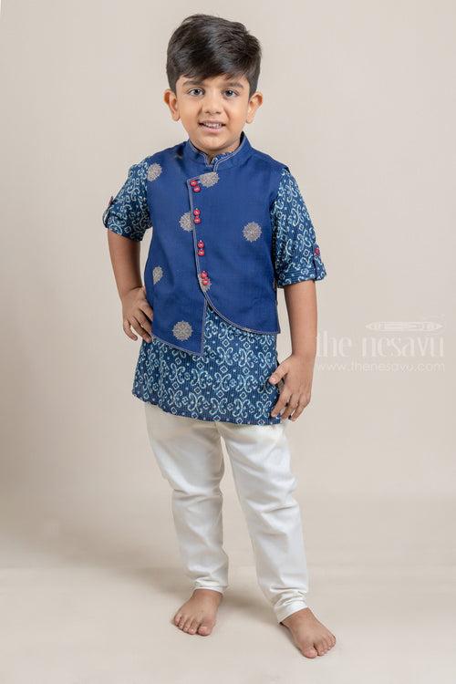 Navy Blue Ikat Printed Boys Kurta with Overcoat and White Pant