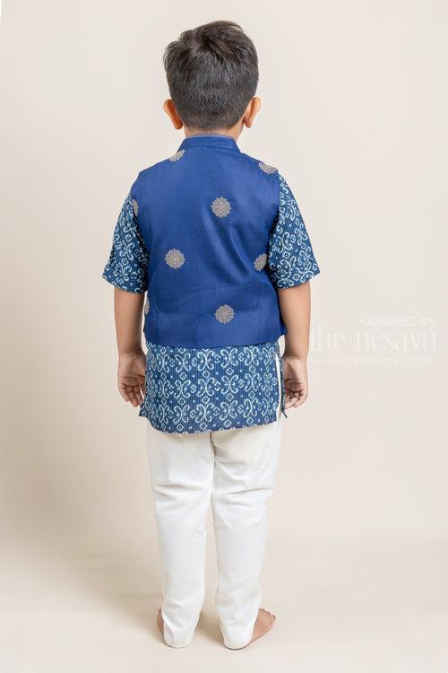 Navy Blue Ikat Printed Boys Kurta with Overcoat and White Pant