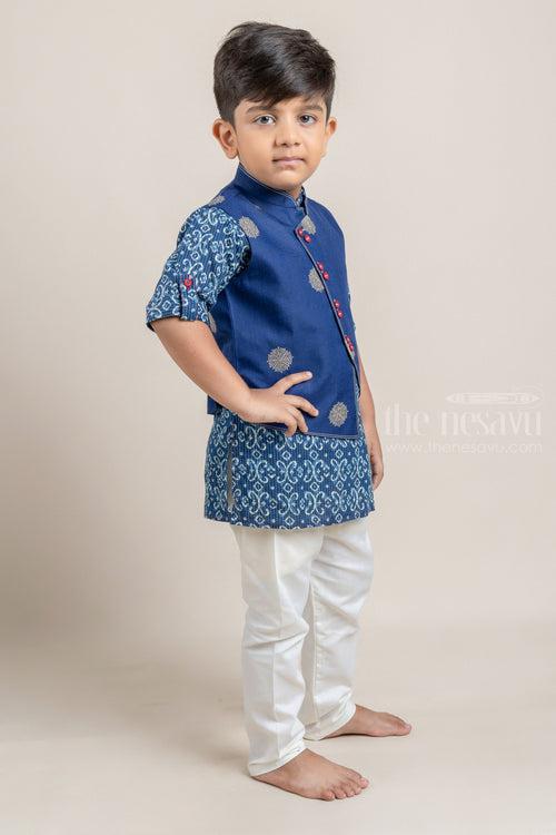 Navy Blue Ikat Printed Boys Kurta with Overcoat and White Pant