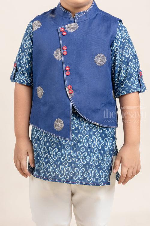 Navy Blue Ikat Printed Boys Kurta with Overcoat and White Pant