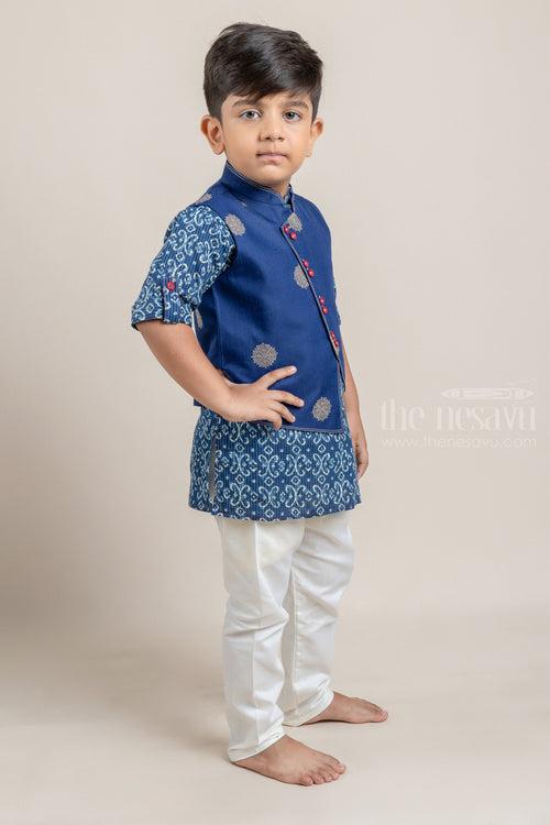 Navy Blue Ikat Printed Boys Kurta with Overcoat and White Pant