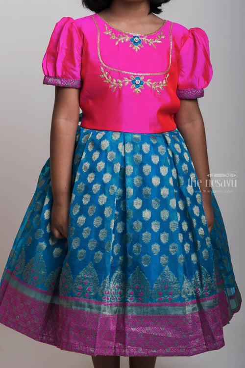 Pink Yoke With Embroidery Design And Zari Border Blue Semi-Silk Frocks For Girls