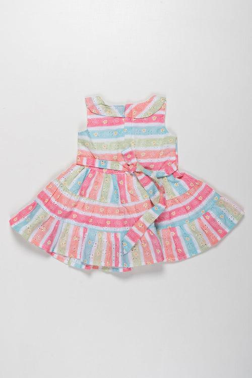 Rainbow Stripe Chikan Embroidered Cotton Frock for Girls - Vibrant and Versatile