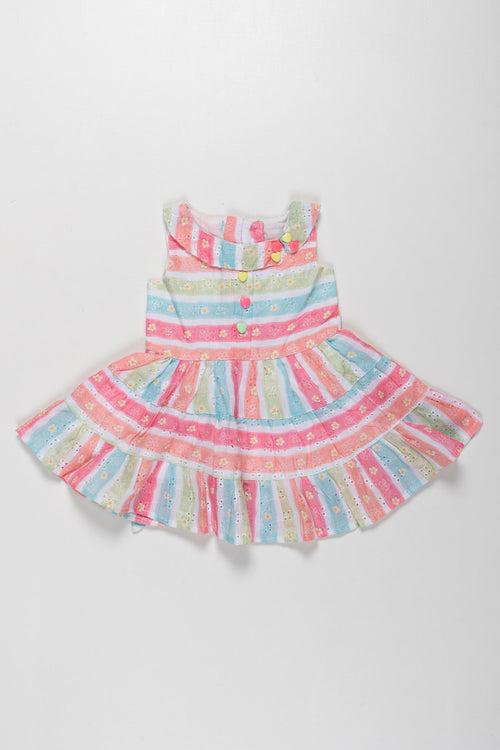 Rainbow Stripe Chikan Embroidered Cotton Frock for Girls - Vibrant and Versatile