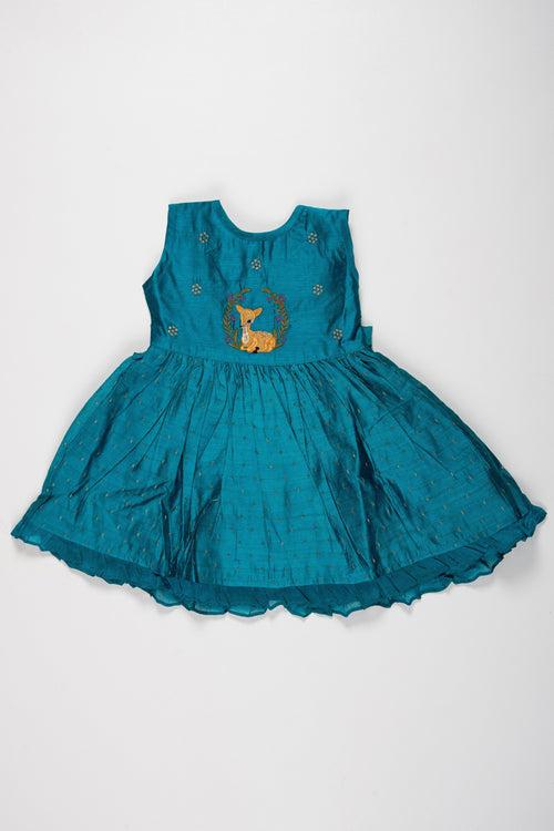 Teal Chanderi Cotton Frock with Embroidered Fawn for Young Girls